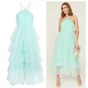 Likely Shane Dress Sleeveless Halter Neck Tiered Tulle Maxi Evening Gown Blue 10